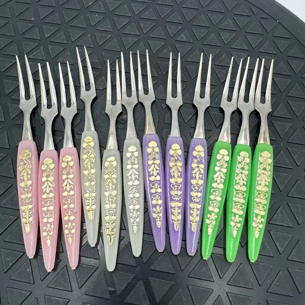 Vintage Stainless Steel 12 Cocktail Forks, Colorful Gold Floral Design 60's-70's